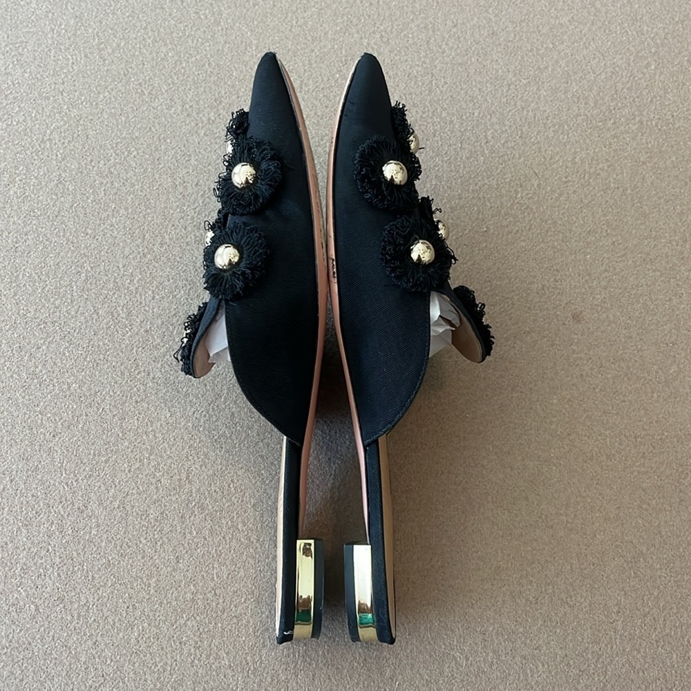 AQUAZZURA Sunflower Embellished Faille Slipper Shoes In Black -Size 37 IT / 7 US - Picture 3 of 9